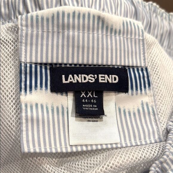 Land's End White Blue Squiggle Stripe Mesh Lined Drawstring Waist Swim Trunks - Picture 12 of 12